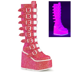 Cunha alto 14 cm S815 plataforma botas mulher com fivelas rosa neon