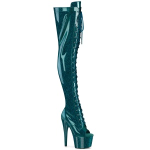 Glitter verde azulado 18 cm PEEP TOE botas altas de salto alto com ataduras