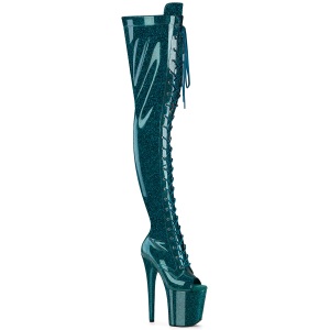 Glitter verde azulado 20 cm PEEP TOE botas altas de salto alto com ataduras
