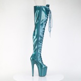 Glitter verde azulado 20 cm PEEP TOE botas altas de salto alto com ataduras
