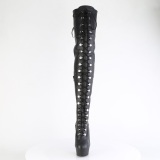 Imitação de couro preto 15 cm DELIGHT-3022 botas altas da coxa com ataduras