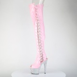 Strass rosa 18 cm open toe botas altas de salto alto com ataduras
