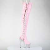 Strass rosa 18 cm open toe botas altas de salto alto com ataduras